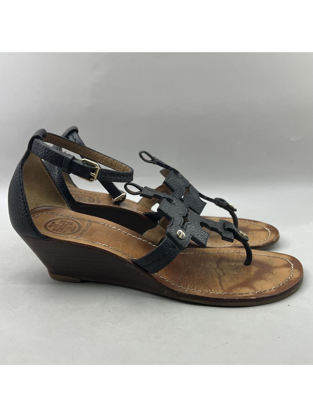 Tory Burch Chandler Wedge Sandals Women Size 8 M Black Logo Heel Thong Shoes
